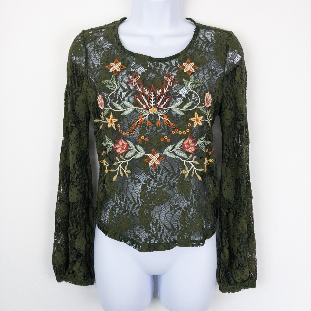 Boho Y2K Sheer Lace Top Womens S Green Embroidered Floral Coco Jaimeson